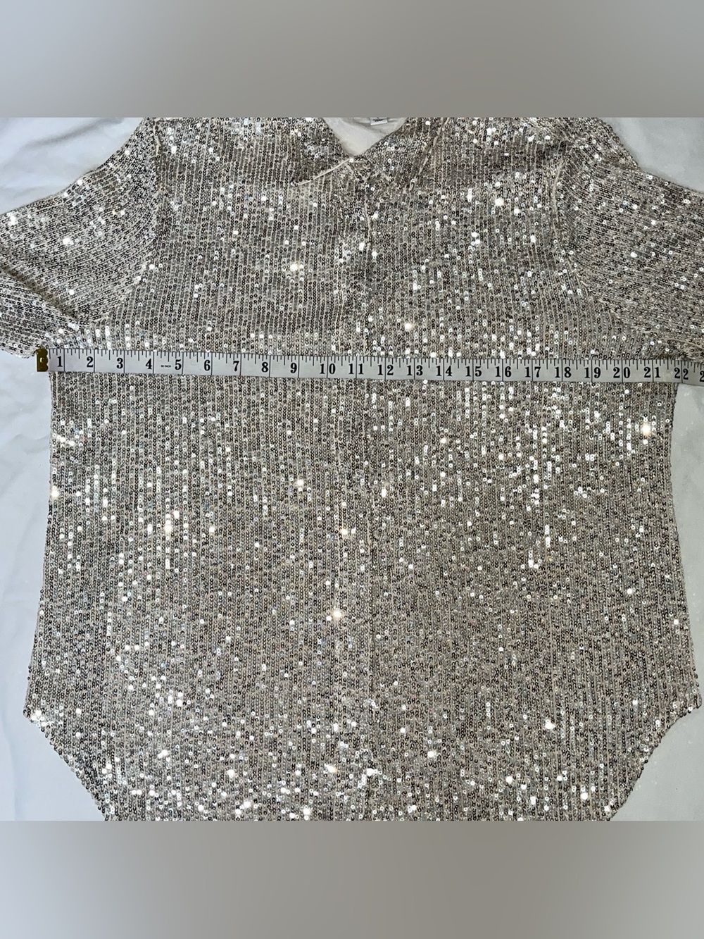 CeCe Champagne Silver Sequin Top Button Down Shirt Long Sleeve Sparkly Party L - Picture 12 of 15